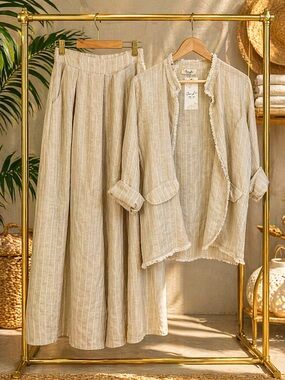 Puro Lino Beige/White Striped Italian Linen Jacket and Pants Set
